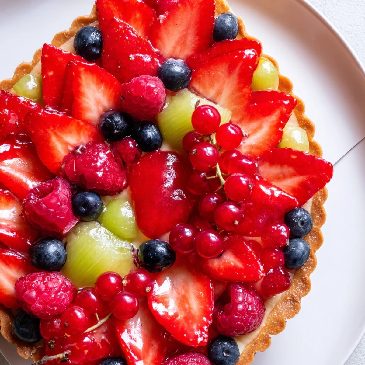 A close-up of a Love Letter Fruit Tart with glossy apricot glaze and vibrant red currants.