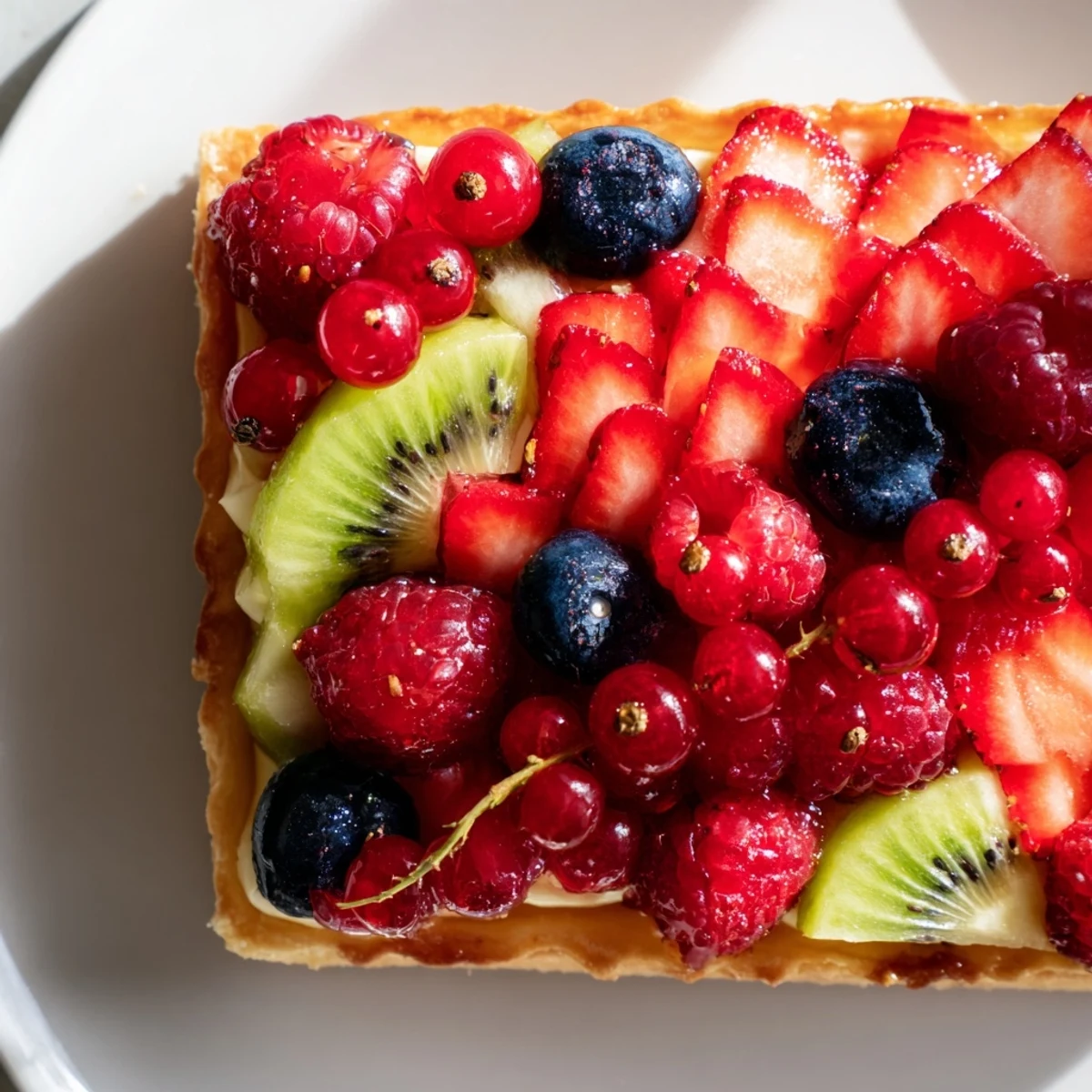 Fresh strawberries, raspberries, and blueberries form a romantic Love Letter Fruit Tart for a charming dessert.  