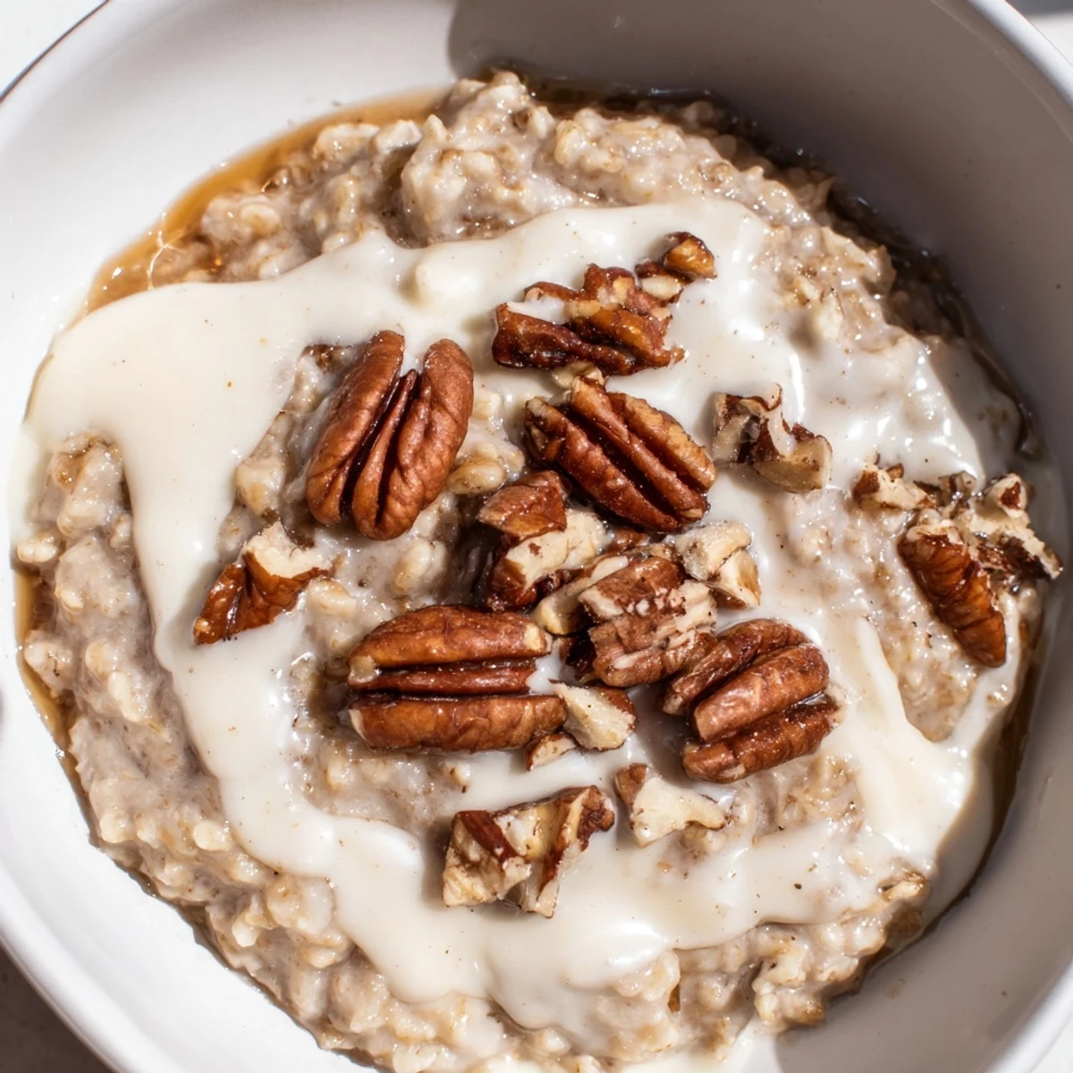 A warm bowl of Irish Oatmeal with Whiskey-Free Cream, featuring creamy steel-cut oats topped with a vanilla-infused sweet cream.