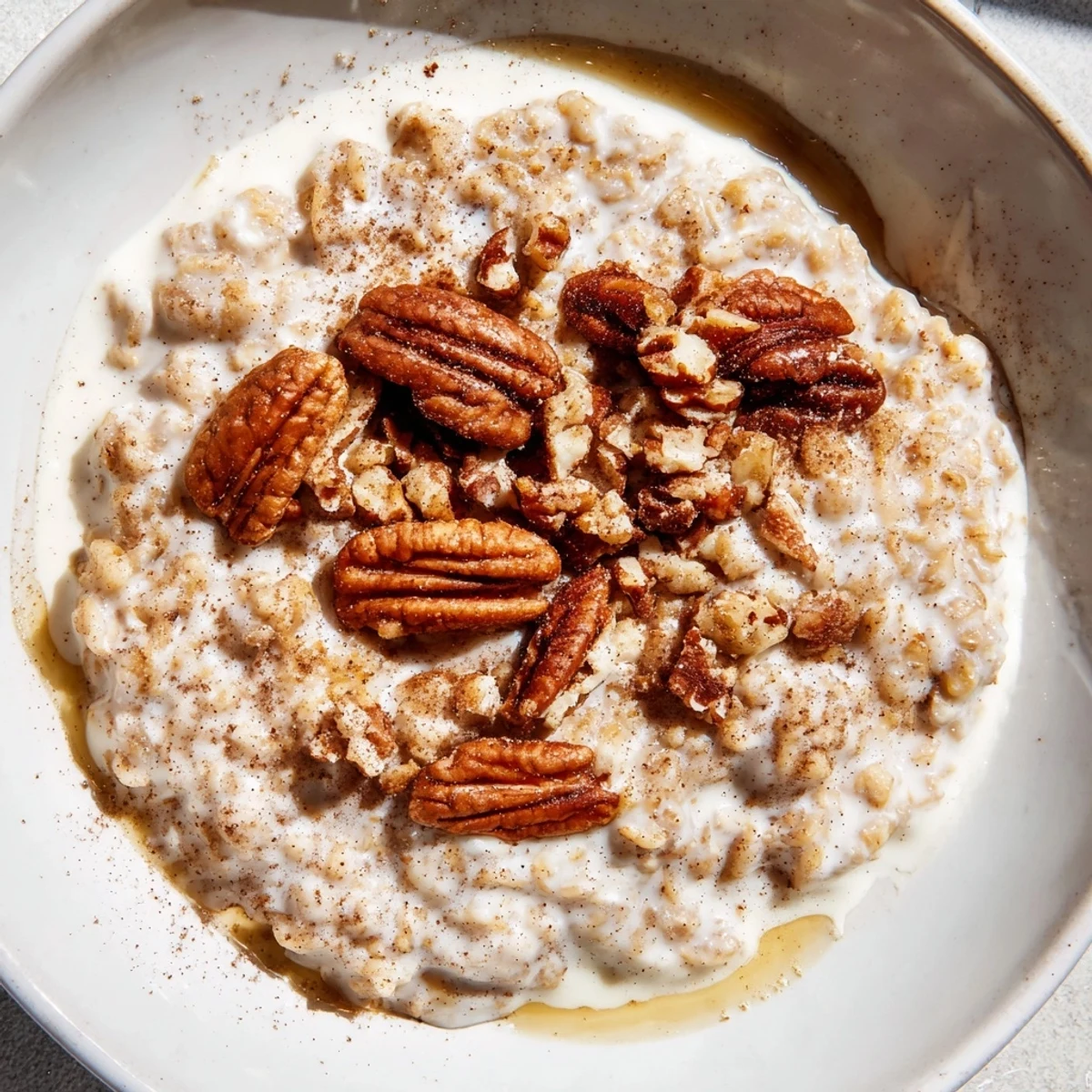 Steaming Irish Oatmeal with Whiskey-Free Cream garnished with toasted pecans and dried currants, ready for a cozy breakfast.
