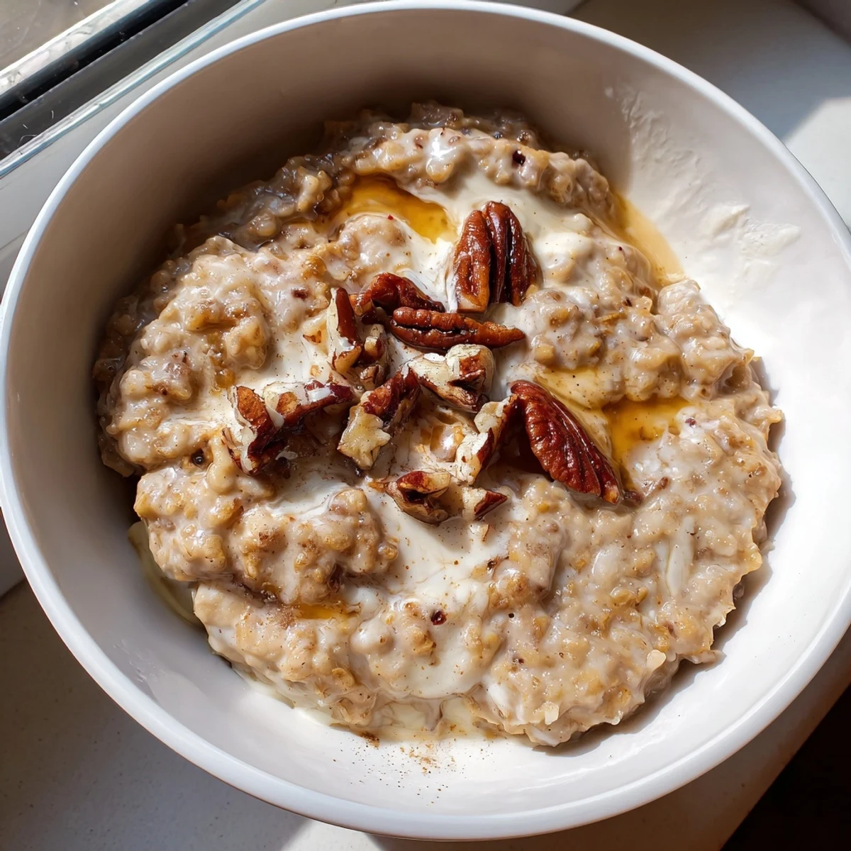 Hearty Irish Oatmeal with Whiskey-Free Cream served in a rustic bowl, drizzled with maple-sweetened vanilla cream and brown sugar.