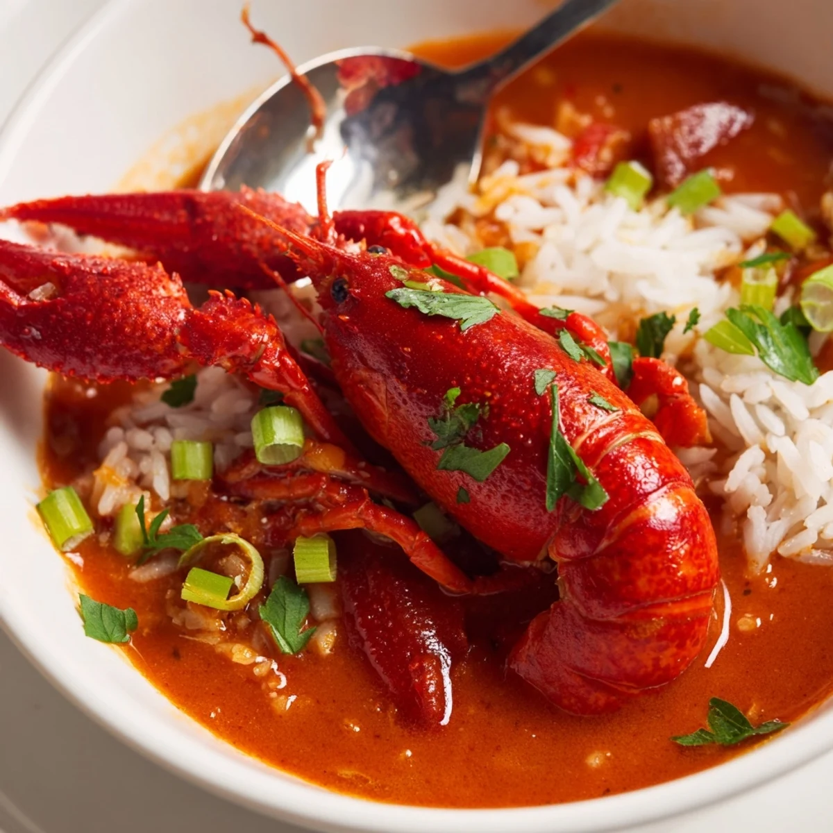 A serving of Crawfish Étouffée with Fluffy Rice, featuring tender shellfish in a rich, spicy Creole sauce spooned over steamed grains.