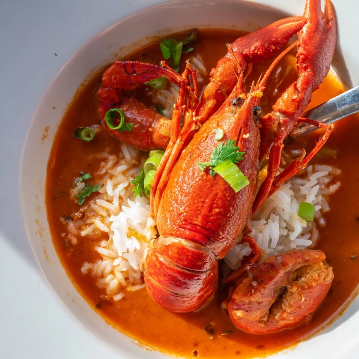 A spoonful of savory Crawfish Étouffée with Fluffy Rice, revealing a thick, tomato-based sauce with tender shellfish.