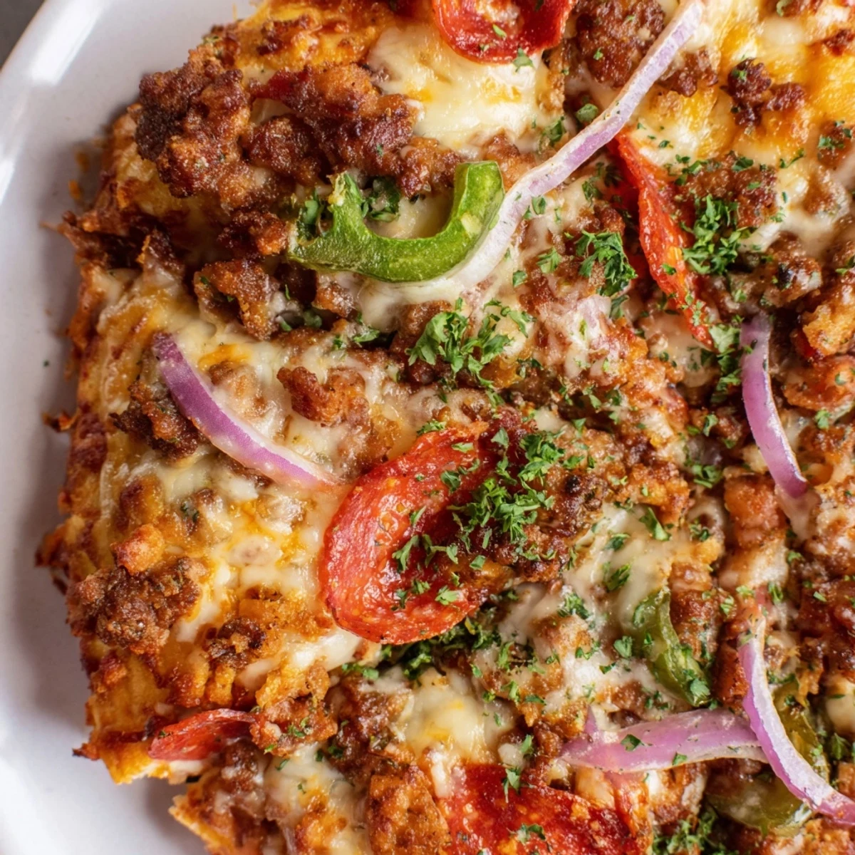 A close-up slice of MVP Meat Lover Pizza reveals golden-brown beef pepperoni, crumbled sausage, and melted mozzarella cheese on a crisp crust.
