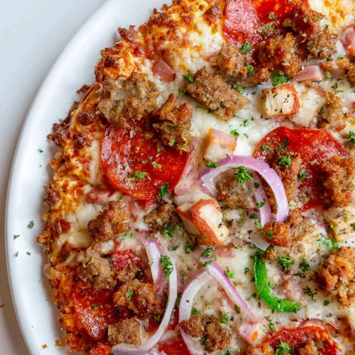 Sizzling halal meats and melted cheese on this MVP Meat Lover Pizza, served on a rustic wooden board for a hearty meal.