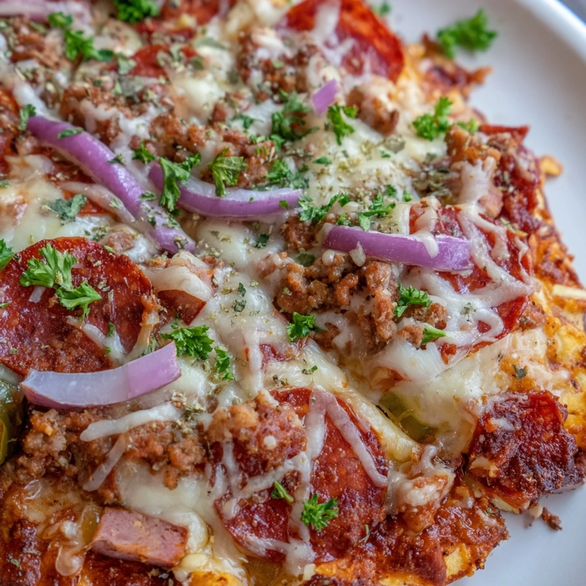 A golden, bubbly MVP Meat Lover Pizza topped with beef pepperoni, sausage, chicken, turkey bacon, and fresh parsley, ready to slice.