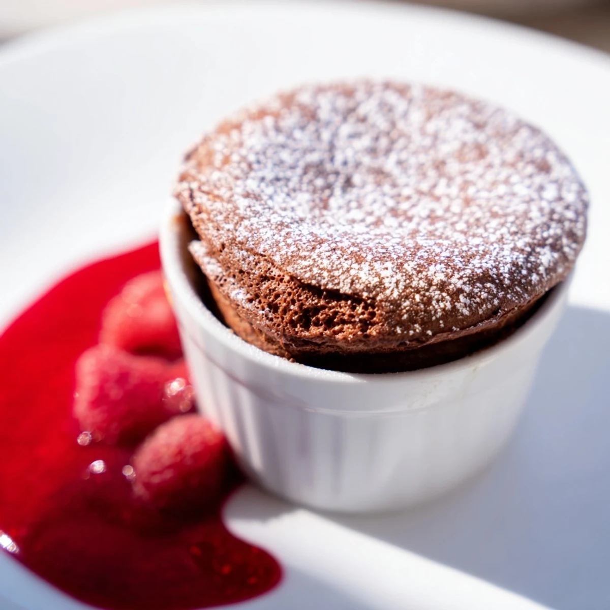 Freshly baked chocolate soufflé with raspberry sauce drizzled over the top, served warm in a white ramekin.  