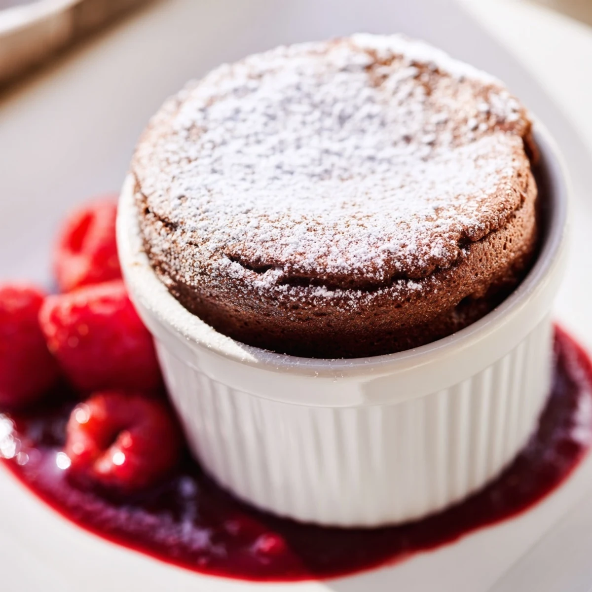 Close-up of a golden-brown chocolate soufflé with a swirl of tangy raspberry sauce, perfect for a special occasion.
