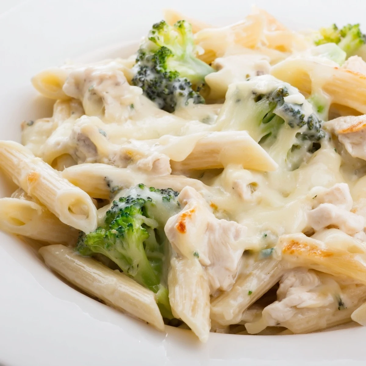 Golden-brown Chicken Alfredo Bake with Broccoli and Cheese, featuring penne pasta and gooey melted mozzarella.