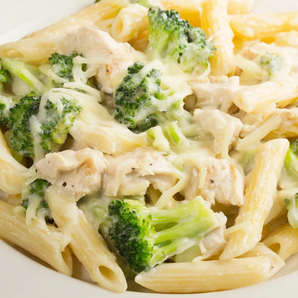 Steam rises from the bubbly Chicken Alfredo Bake with Broccoli and Cheese, highlighting tender chicken and crisp broccoli.