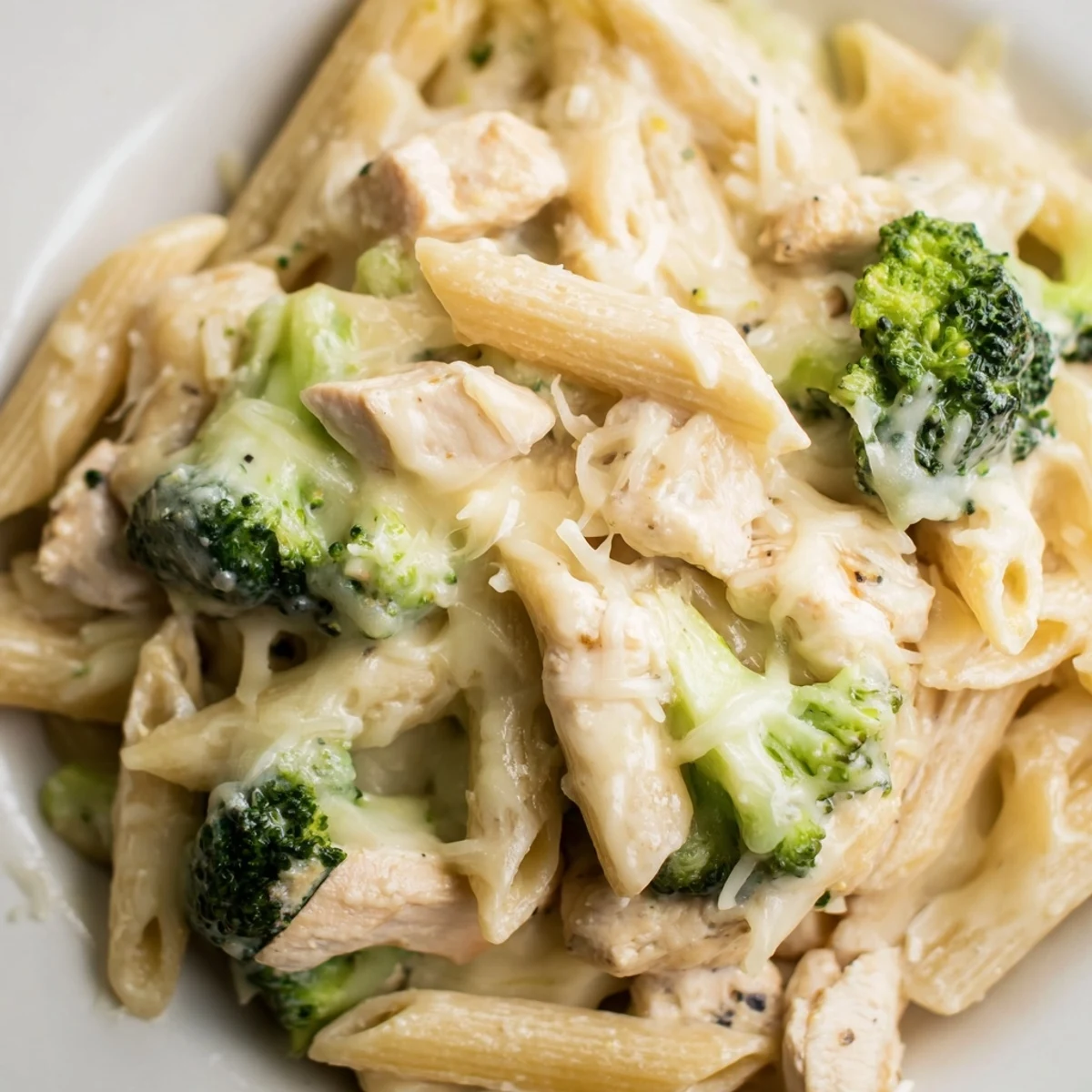 Freshly baked Chicken Alfredo Bake with Broccoli and Cheese served on a white plate with herbs.