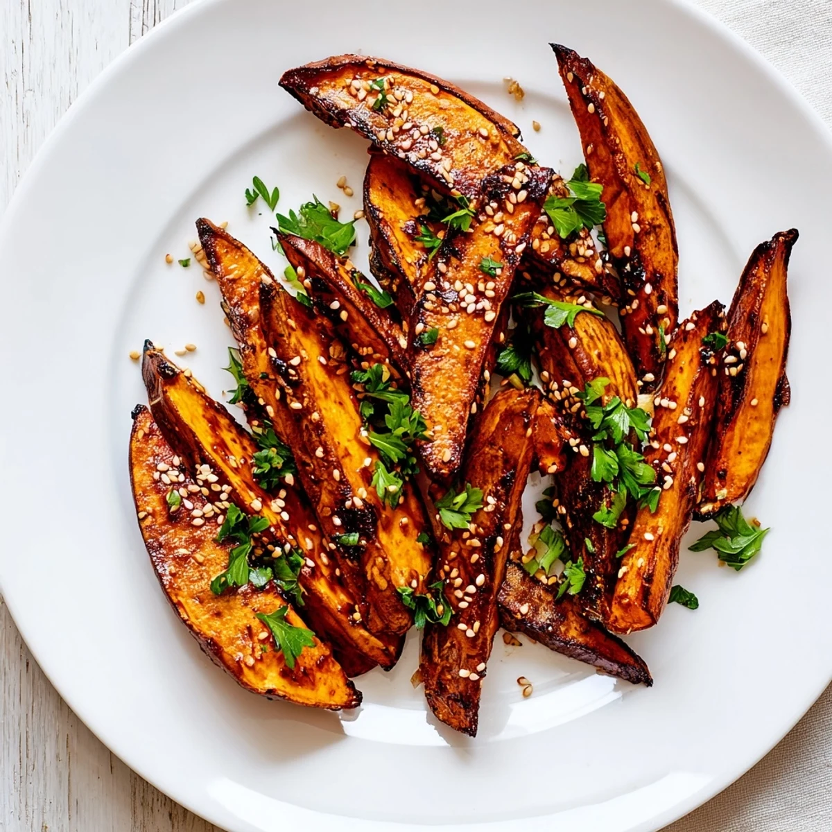 Golden-brown roasted sweet potato wedges, seasoned with cinnamon and paprika, served hot from the oven.  