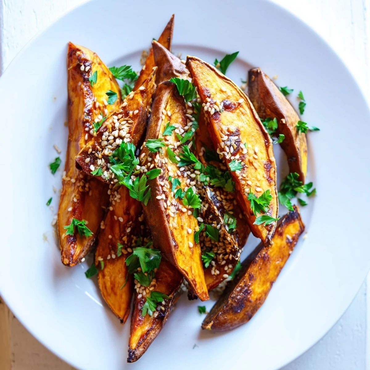 Warm roasted sweet potato wedges, garnished with parsley and sesame seeds, perfect for a healthy side dish.