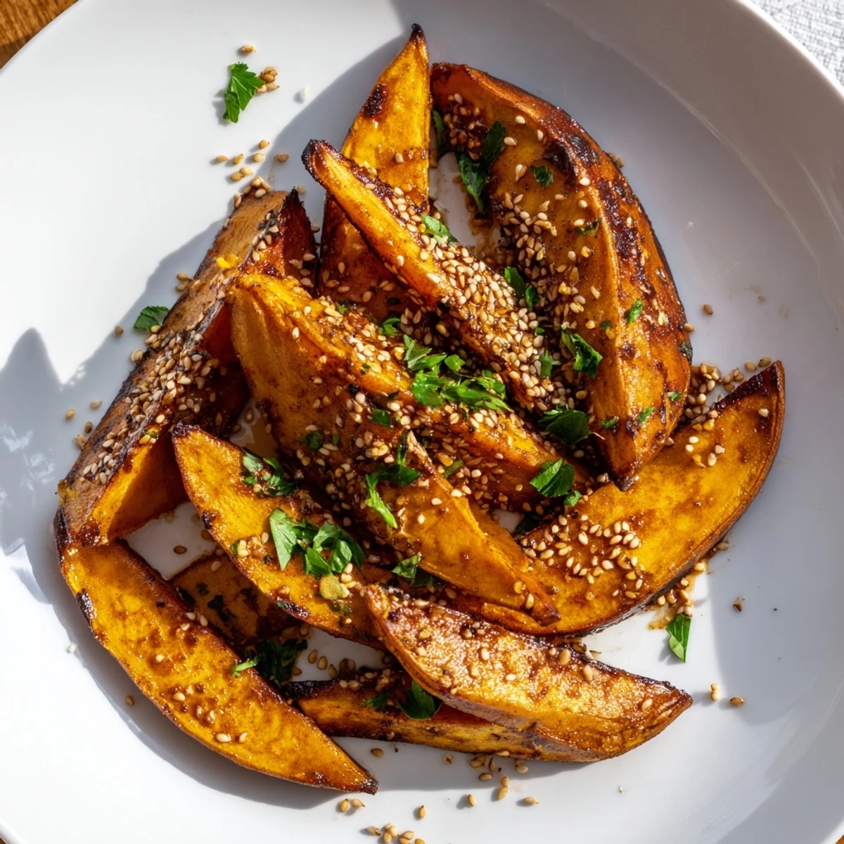 Crispy sweet potato wedges with cinnamon on a rustic plate, ready to dip into creamy yogurt sauce.  
