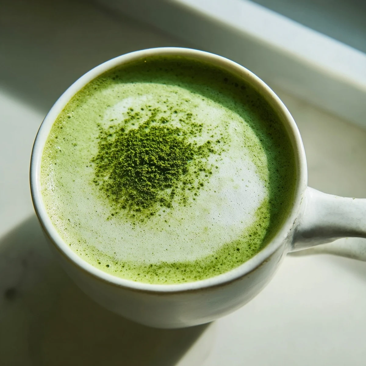 Close-up of a creamy Green Matcha Latte with almond milk, topped with a delicate foam layer.