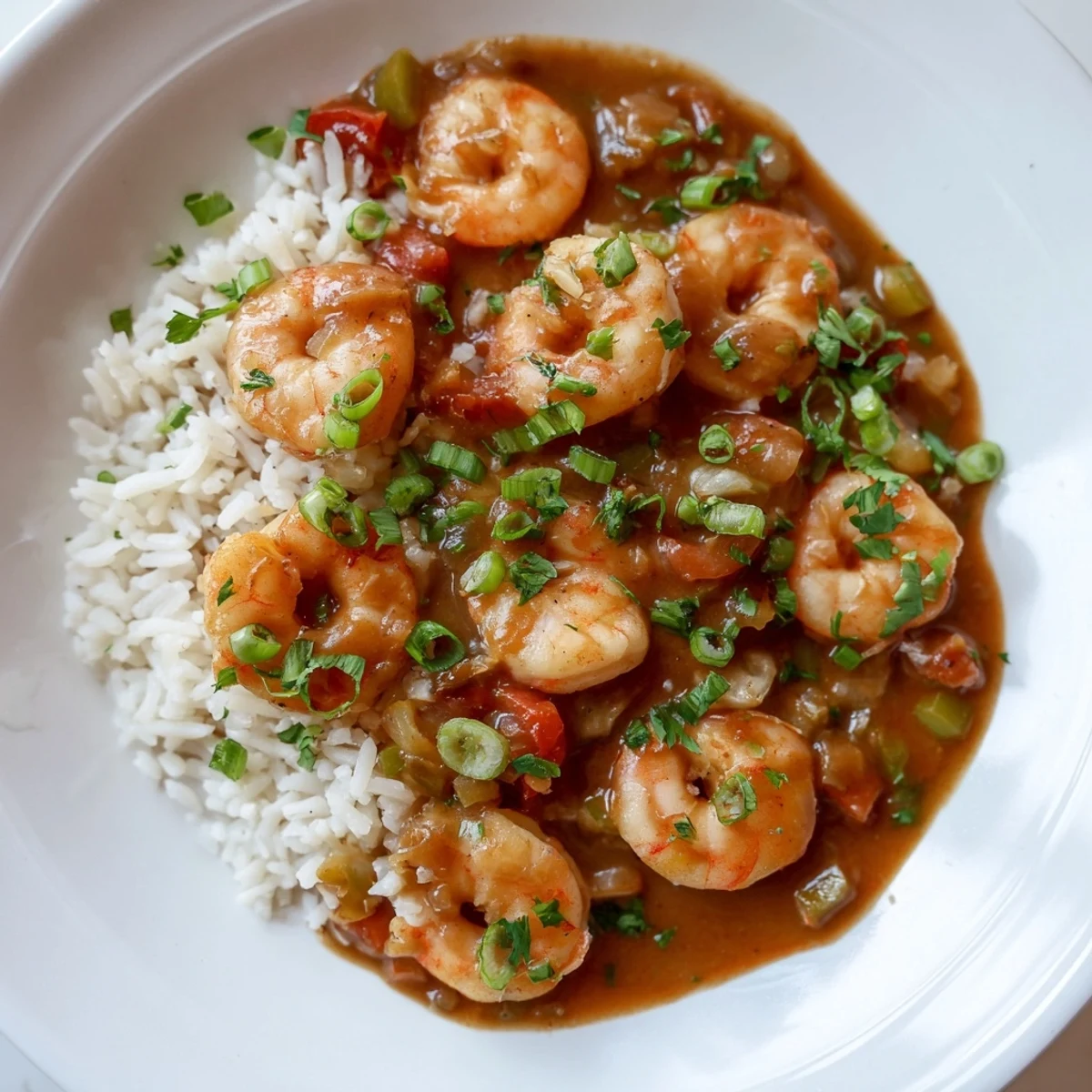 A hearty bowl of Creole Shrimp Étouffée with Fluffy Rice features plump shrimp in a rich, aromatic tomato gravy.