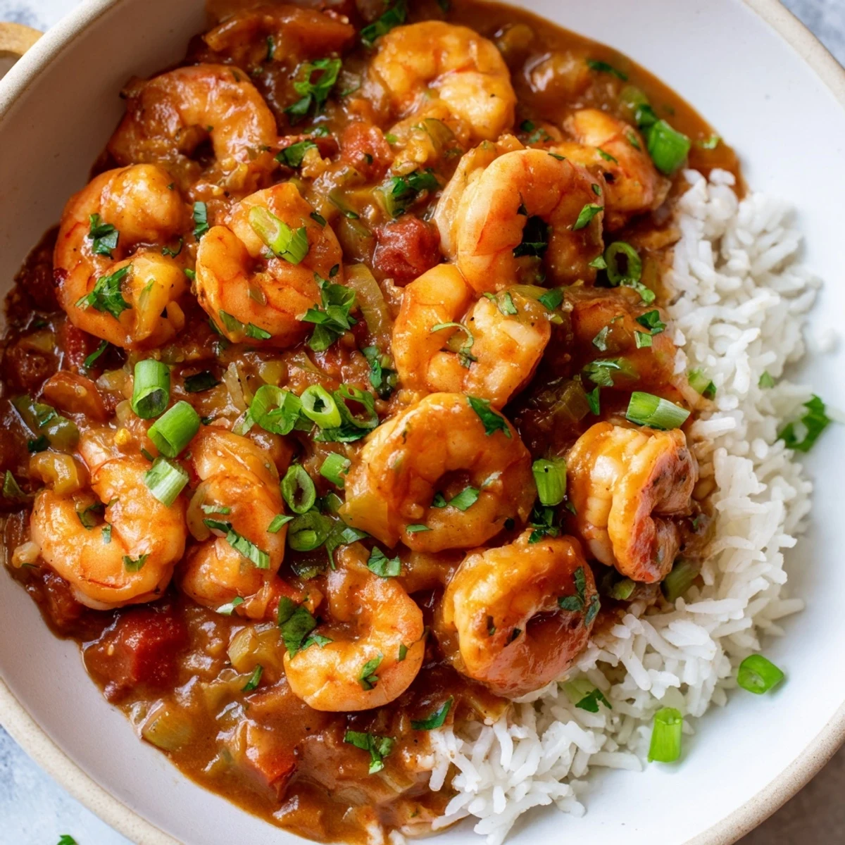 Steaming Creole Shrimp Étouffée with Fluffy Rice showcases plump shrimp in a savory sauce next to green onions.