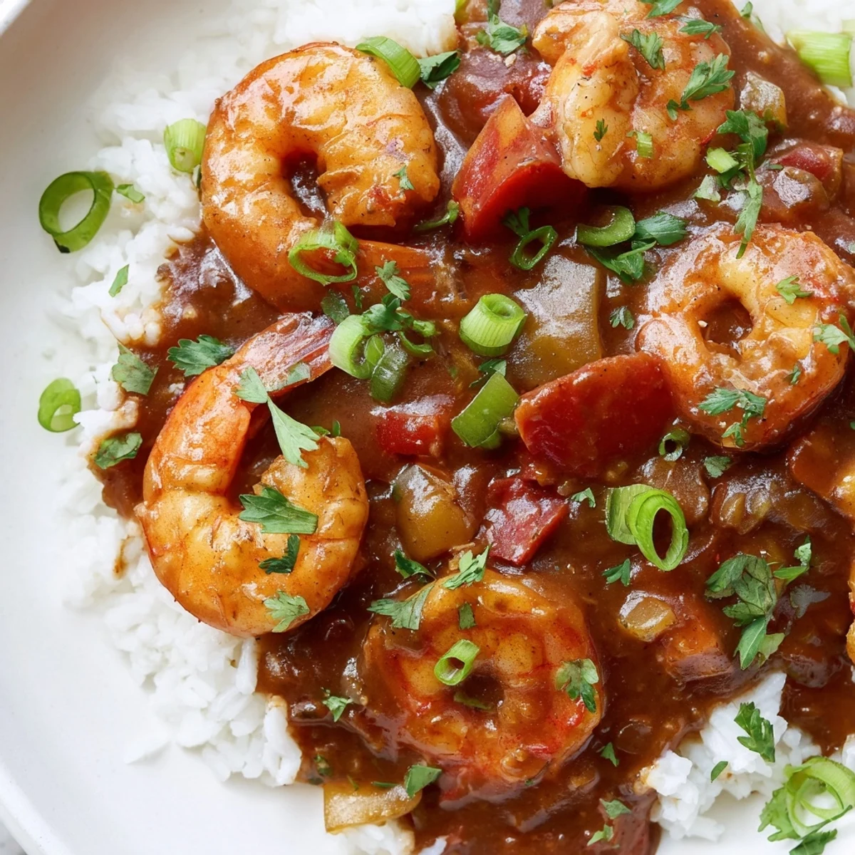 Tender pink shrimp simmer in a spicy Creole sauce, served over a generous mound of buttery fluffy rice.