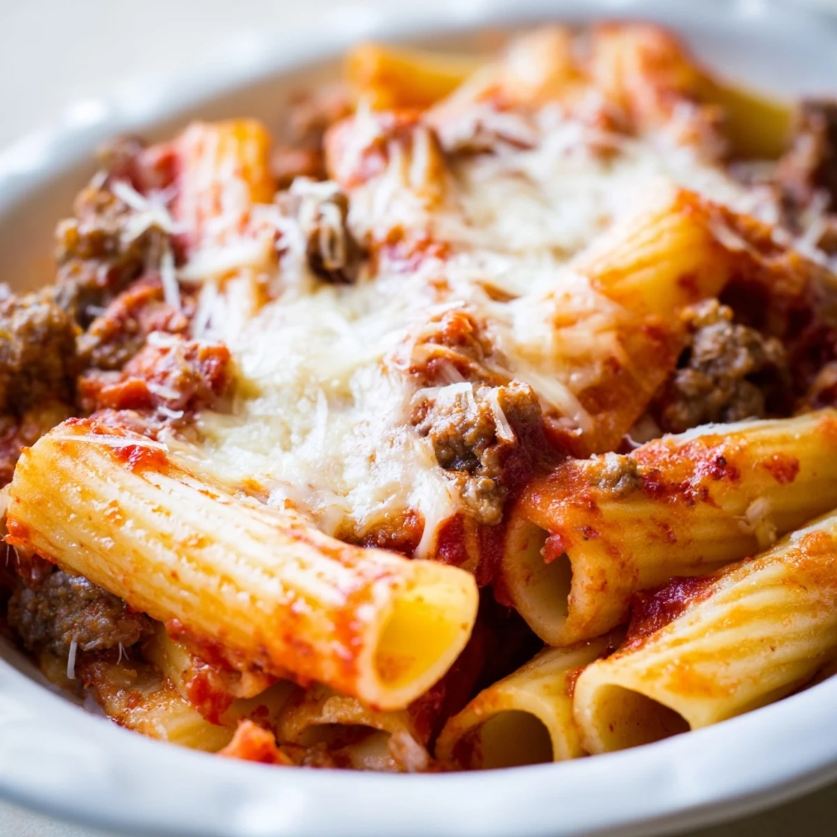 Hearty slice of Baked Ziti with Ground Beef and Mozzarella, showing layers of pasta, rich tomato sauce, and bubbling cheese.