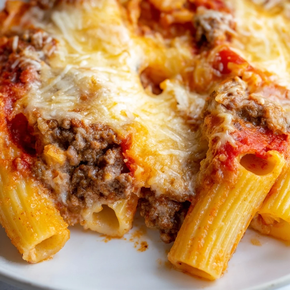 Golden baked ziti with ground beef and mozzarella, topped with melted cheese and fresh basil, served in a white casserole dish.