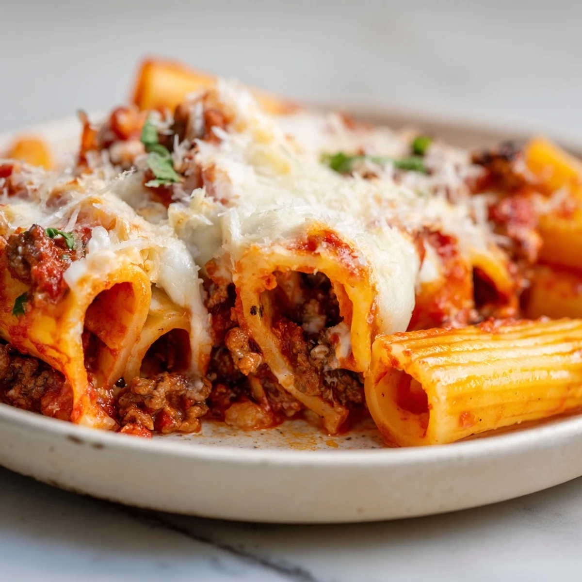 Classic Baked Ziti with Ground Beef and Mozzarella in a skillet, garnished with fresh basil, ready for a family dinner.