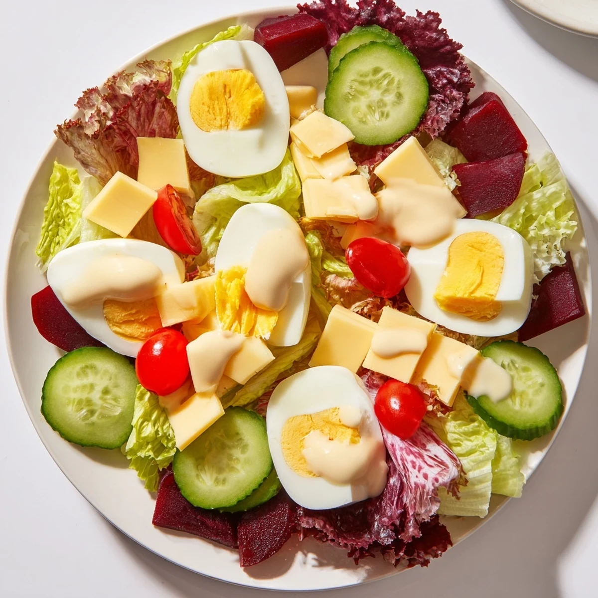 A close-up of Irish Pub Salad with Hard Boiled Eggs, featuring creamy eggs, tangy pickles, and sharp cheddar on crisp greens.  