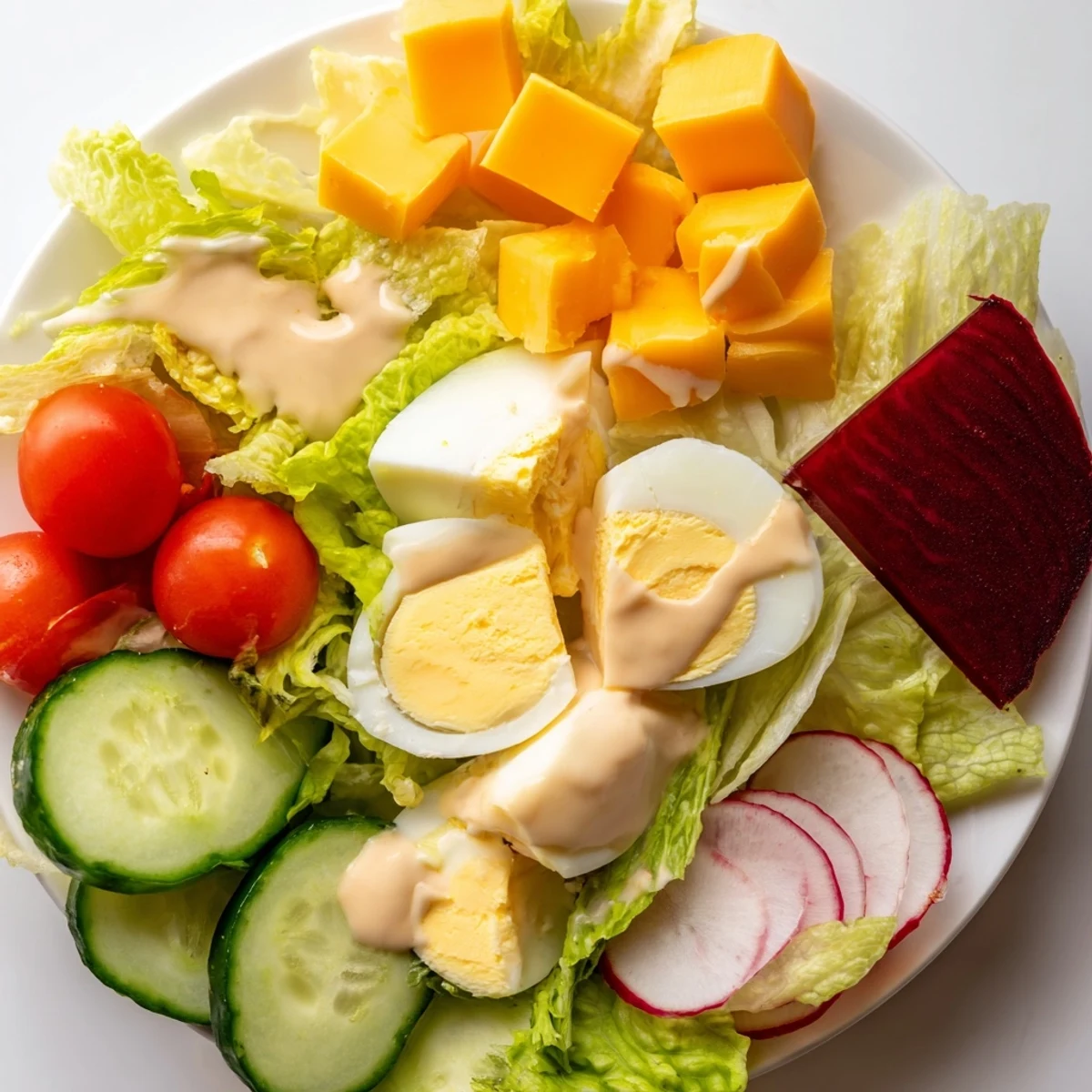 Bright Irish Pub Salad with Hard Boiled Eggs includes pickled beets, cherry tomatoes, and a drizzle of whole-grain mustard dressing.  