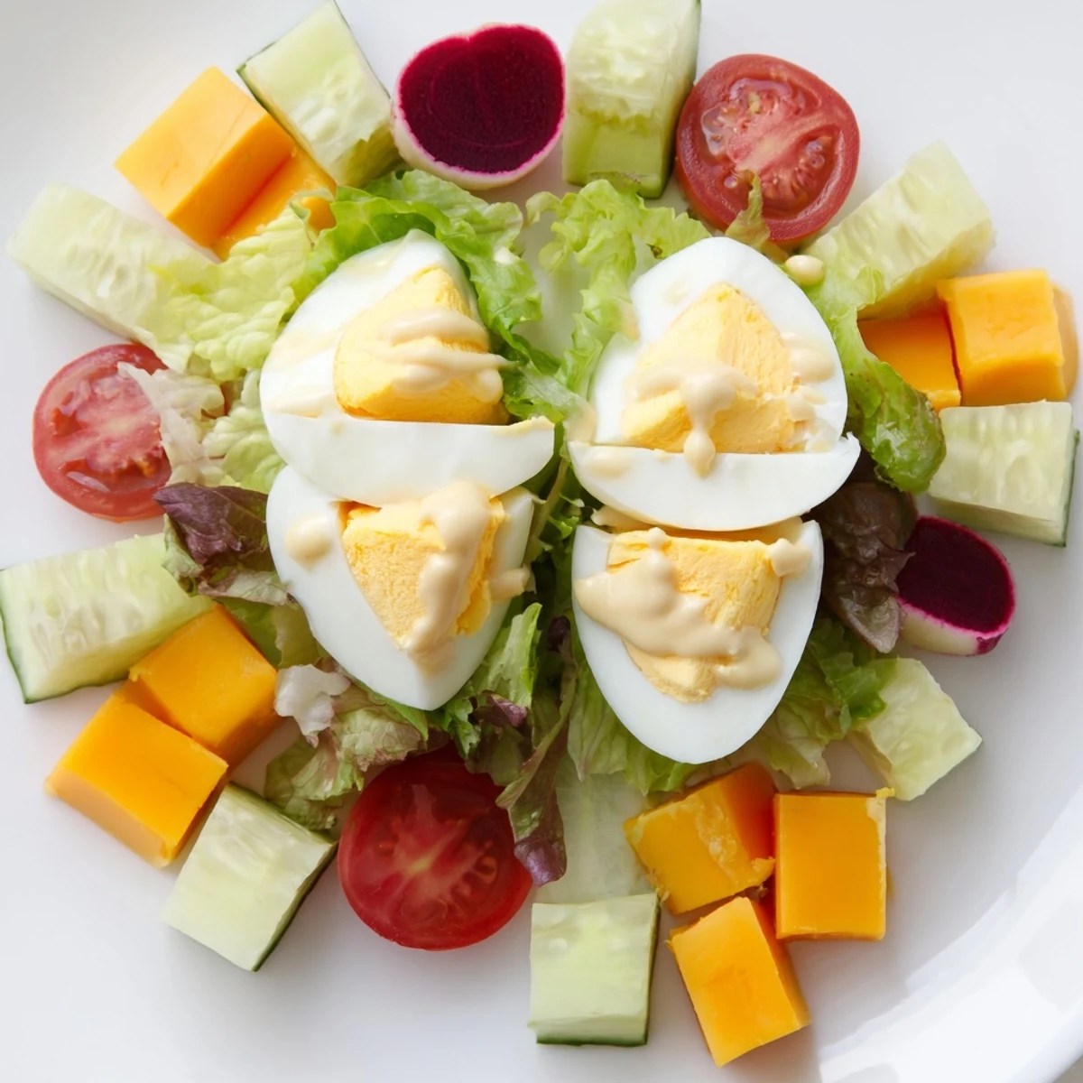 Serving suggestion for Irish Pub Salad with Hard Boiled Eggs, plated with baby potatoes and a side of crusty bread.