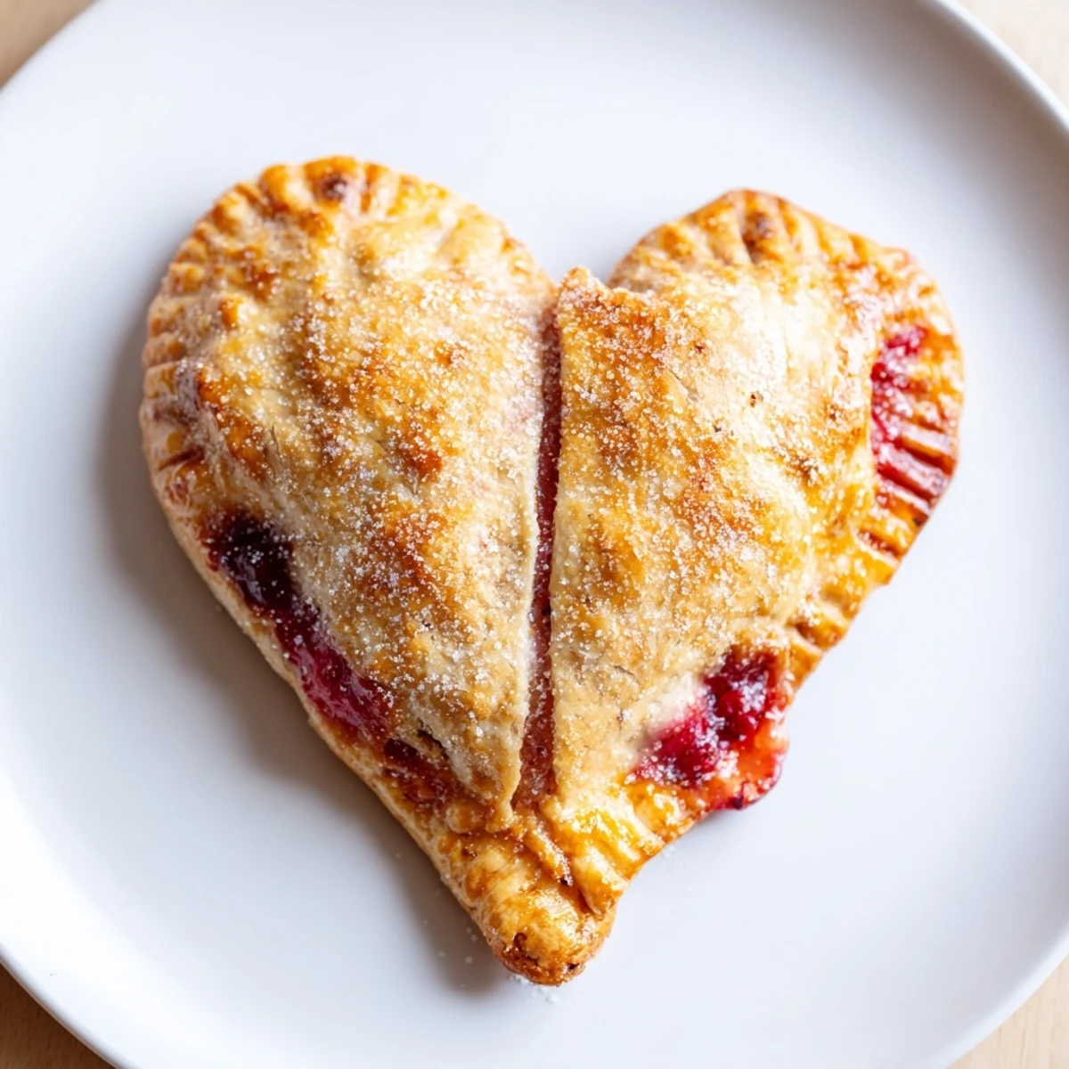 Freshly baked Heart Shaped Strawberry Hand Pies are displayed on a rustic wooden board, revealing a glimpse of the vibrant red jam filling inside.  