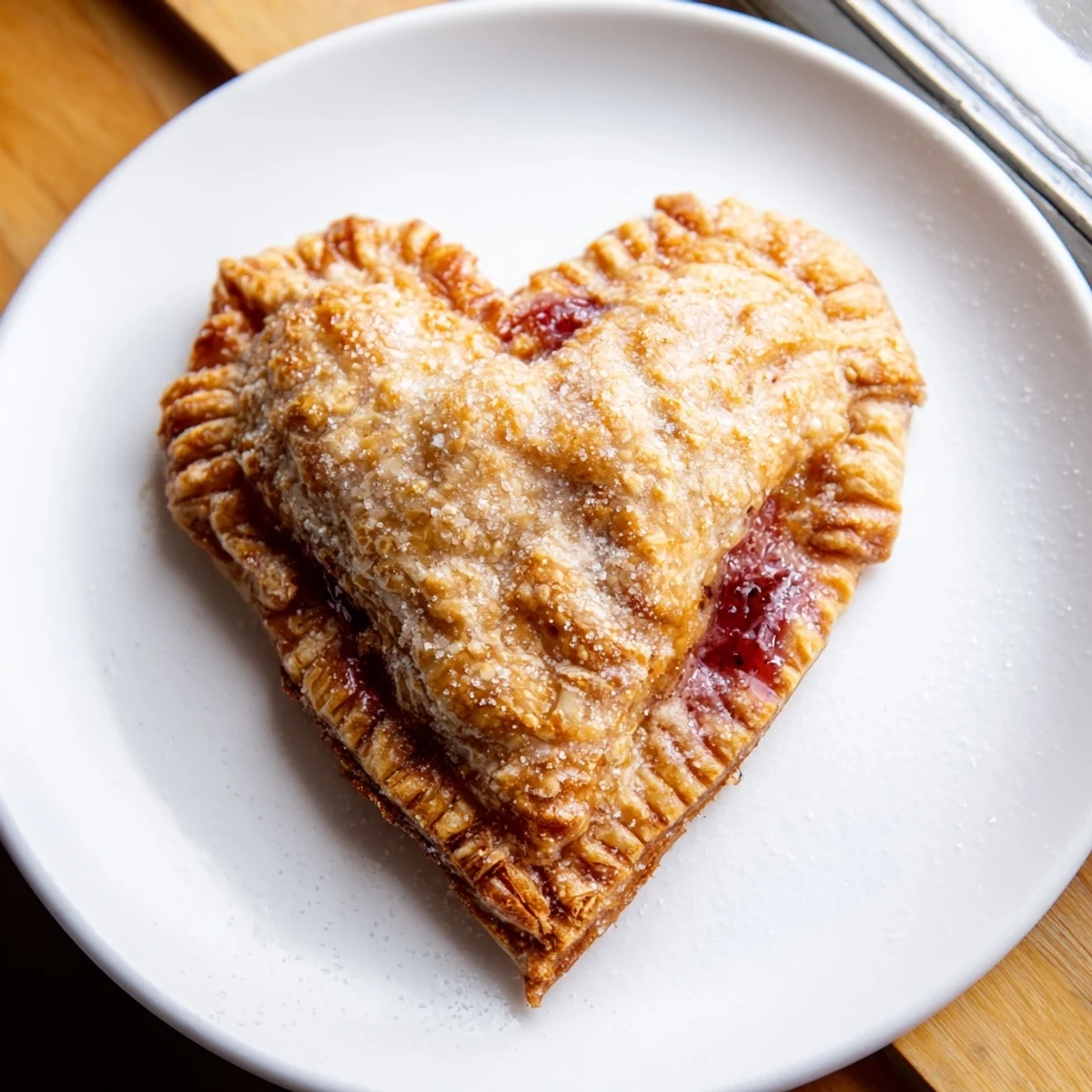 A plate of Heart Shaped Strawberry Hand Pies served warm with a dollop of whipped cream and fresh strawberries, perfect for a romantic dessert.