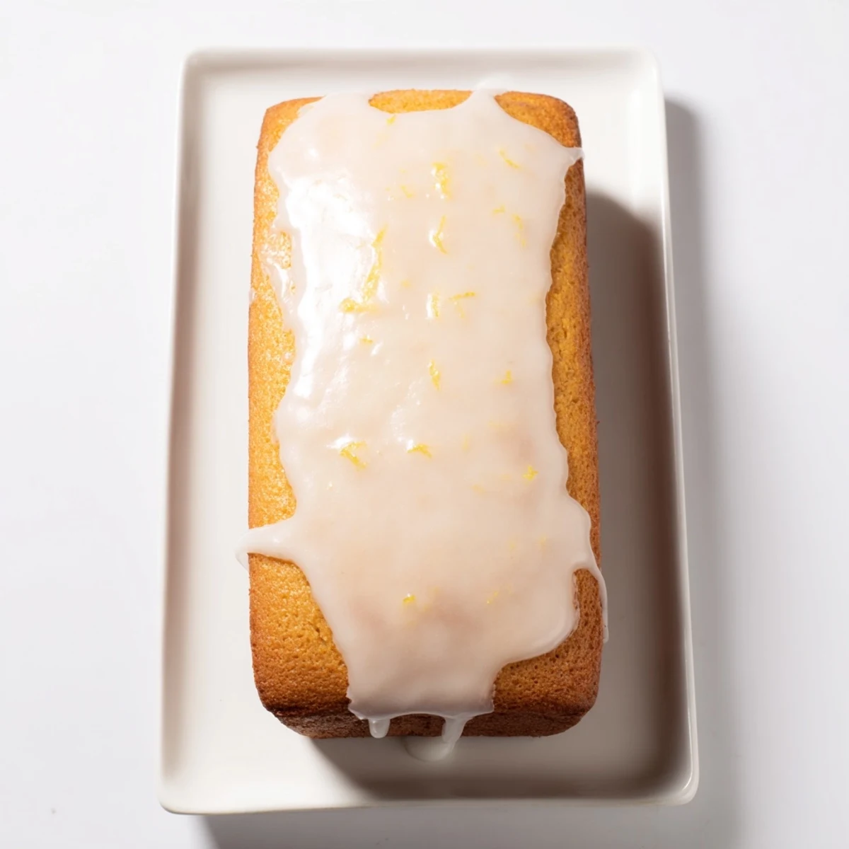 Golden Lemon Loaf Cake with glossy icing, sliced to reveal a tender, zesty crumb and creamy white interior.