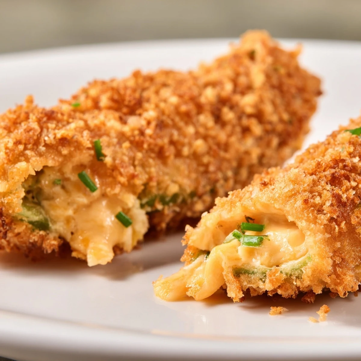 Golden-brown Spicy Jalapeno Poppers with Cream Cheese, served on a platter with ranch dip.