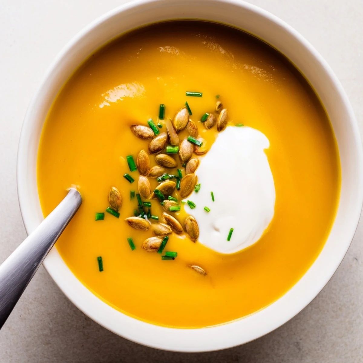 Silky smooth Winter Squash Soup with Apple, garnished with pepitas and a swirl of crème fraîche.