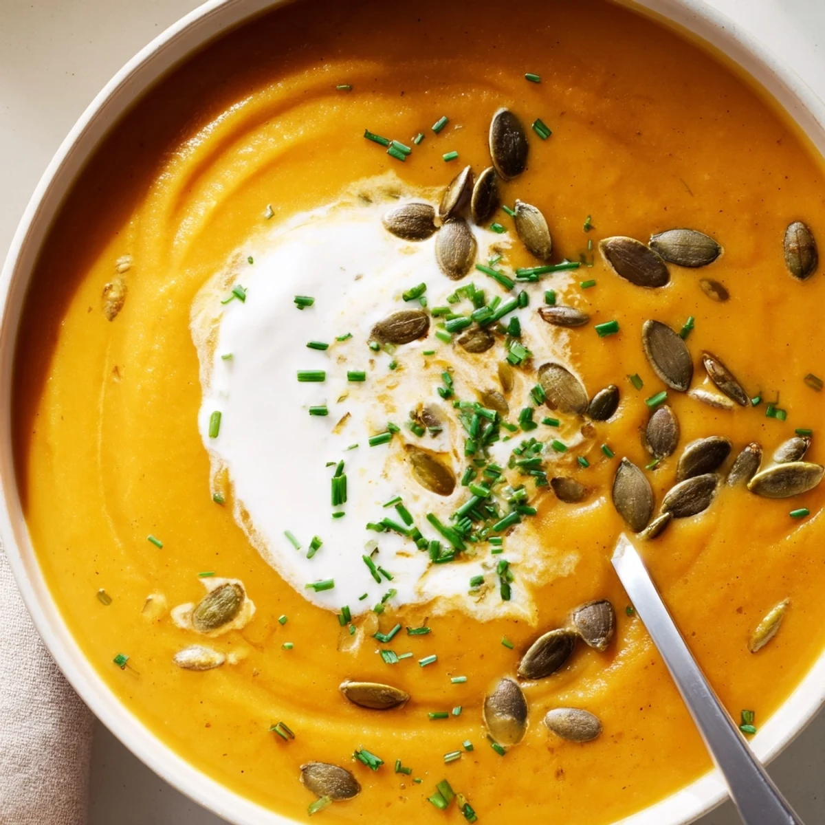 A bowl of creamy Winter Squash Soup with Apple, featuring roasted squash and fresh chives on top.