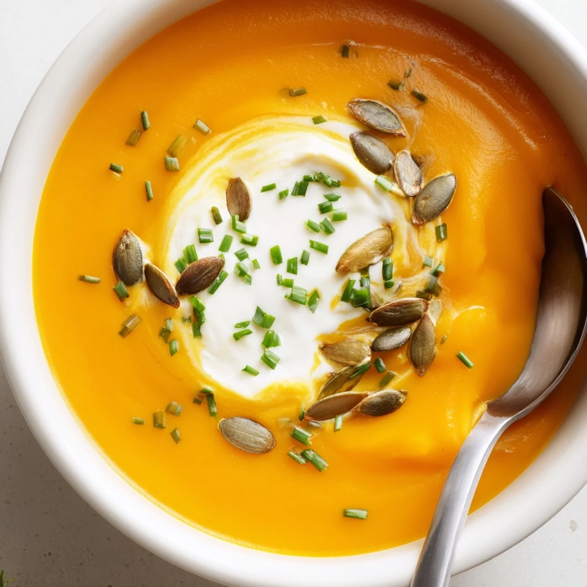 Golden Winter Squash Soup with Apple puréed to a velvety texture, served hot in a rustic ceramic bowl.