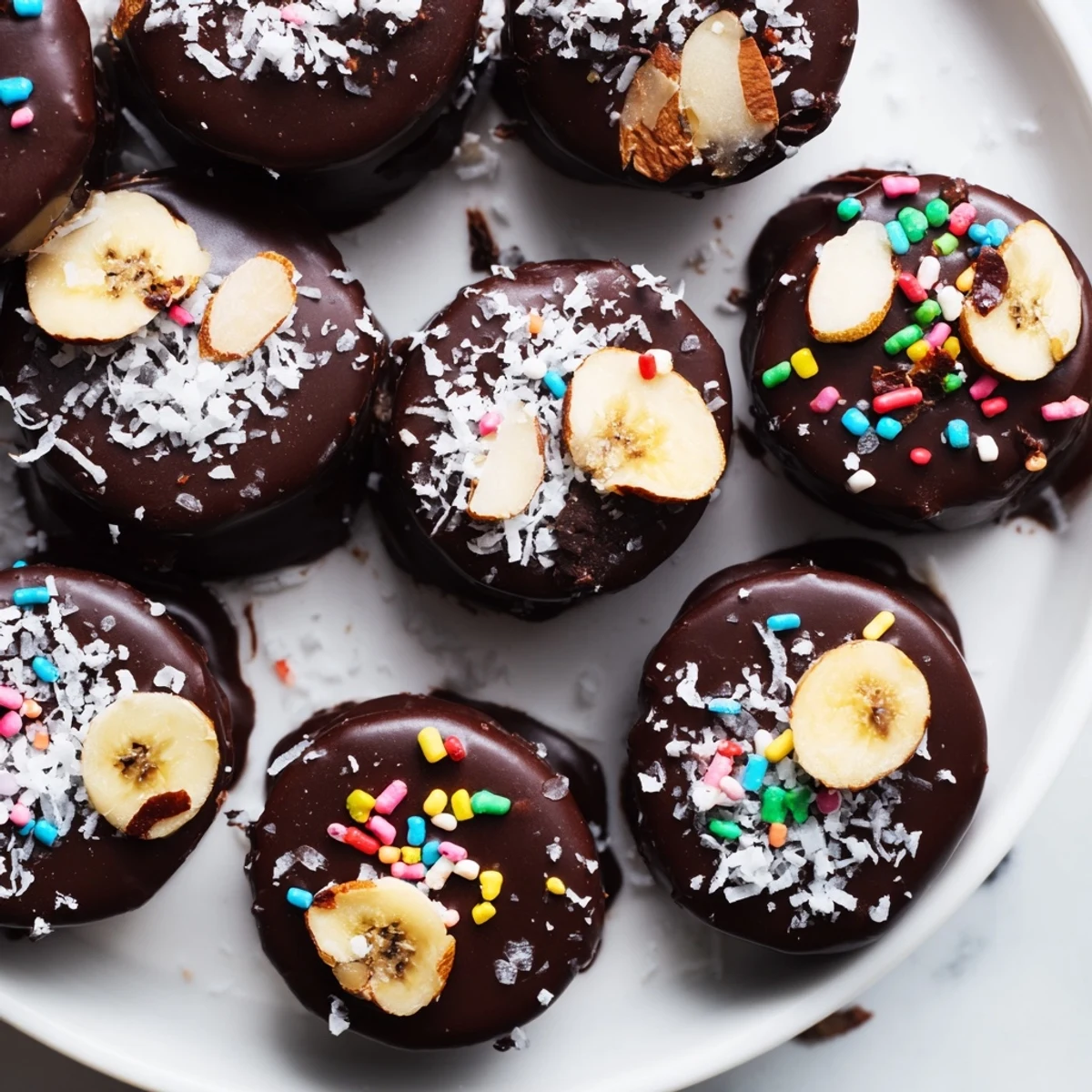 Dark chocolate-dipped banana bites topped with chopped almonds and a sprinkle of sea salt, arranged on a parchment-lined tray.