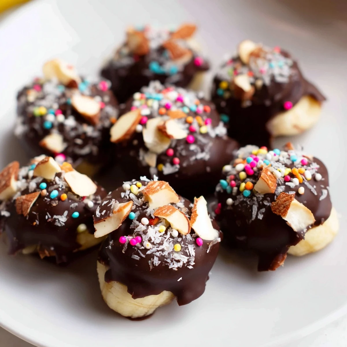 Frozen banana slices coated in glossy dark chocolate and shredded coconut, ready to serve straight from the freezer.