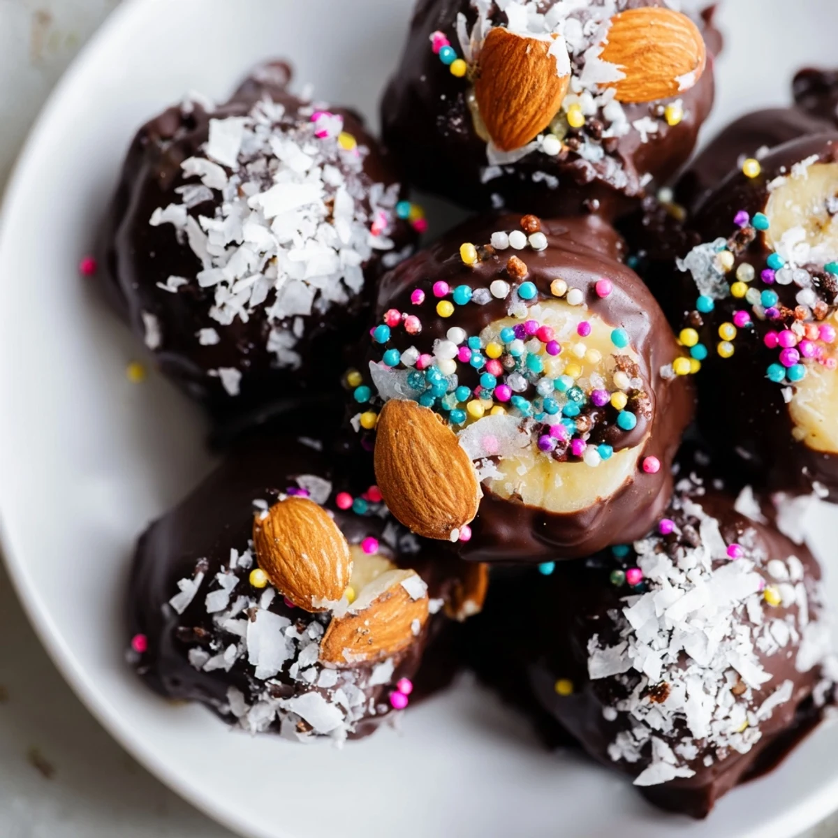 Sweet banana bites drizzled with white chocolate and colorful sprinkles, making a fun dessert or snack for parties.