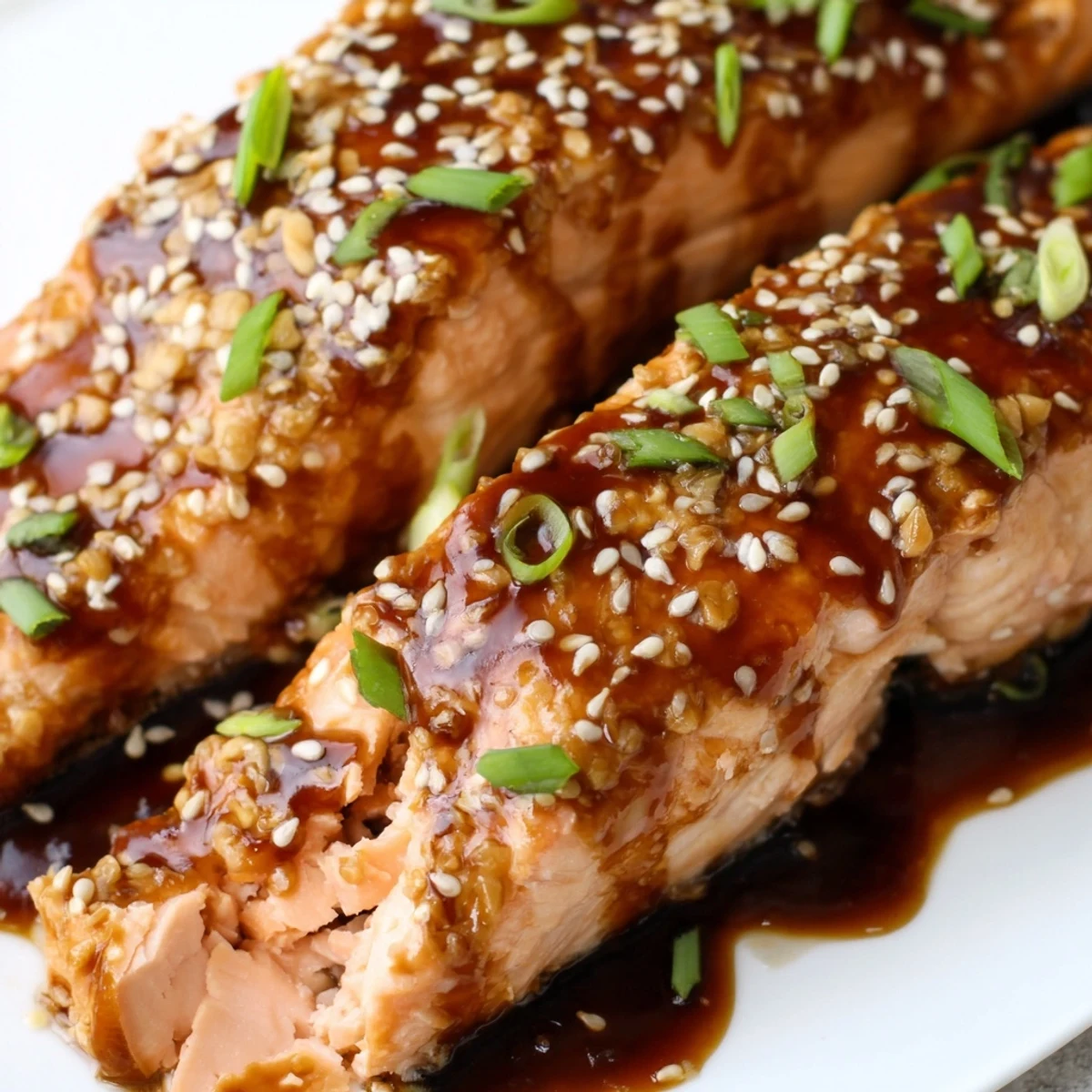 Glossy baked salmon with teriyaki glaze, garnished with sesame seeds and green onions on a dark plate.  