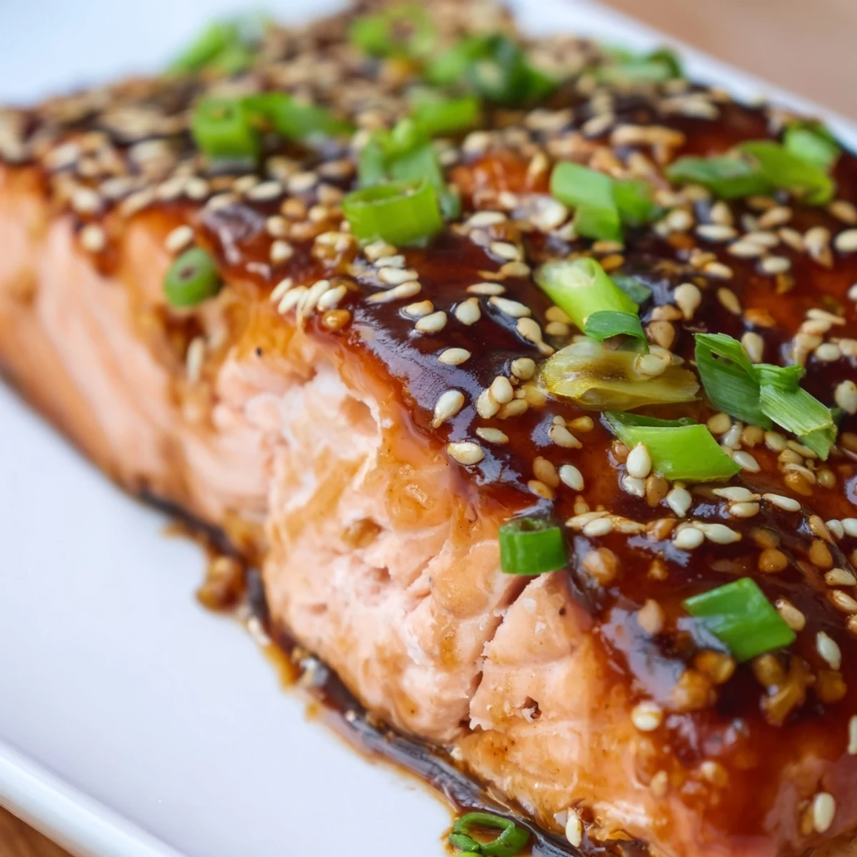 Golden-brown salmon fillets with teriyaki glaze, served with lemon wedges and fluffy steamed rice.  