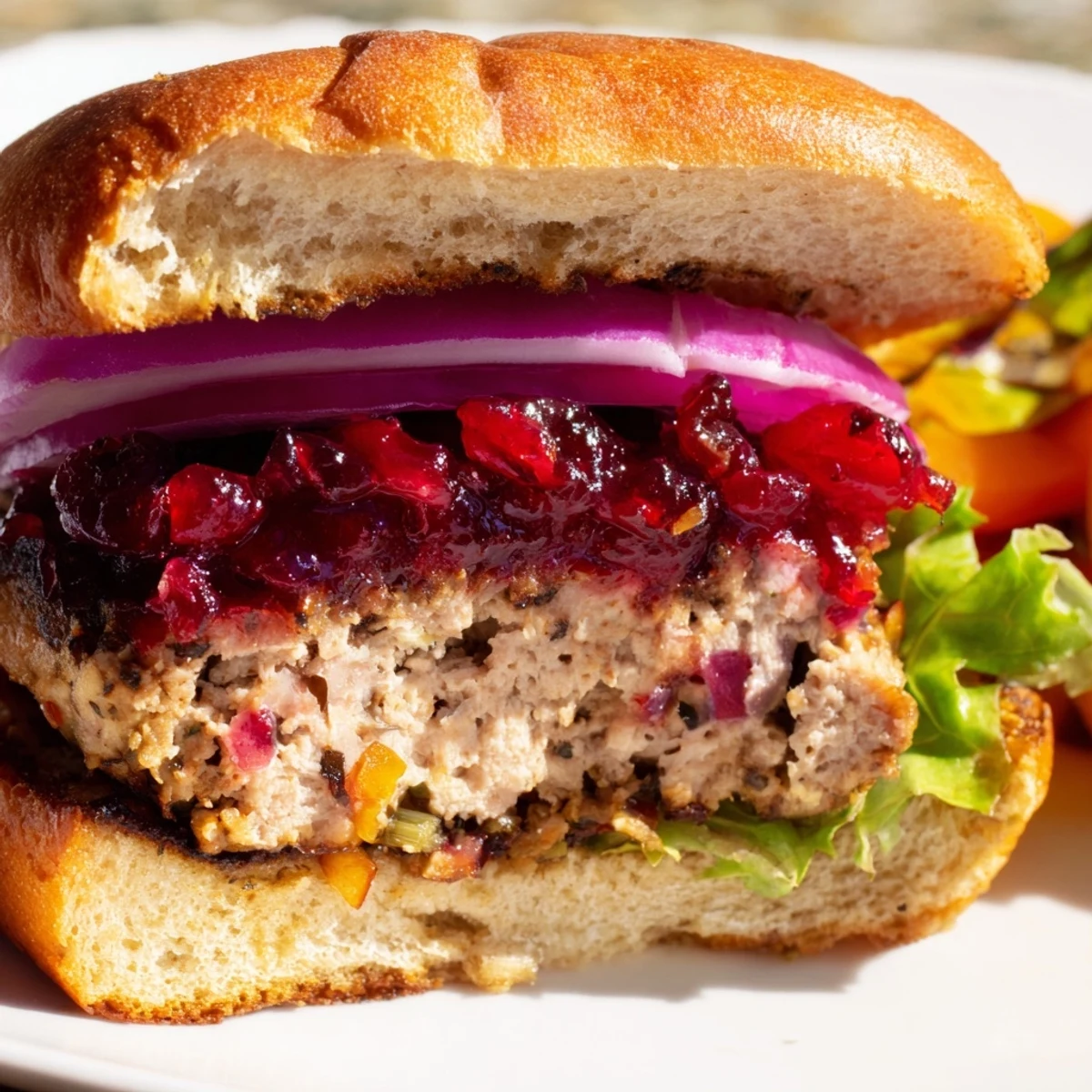 Turkey burger patty topped with tangy cranberry sauce and fresh veggies, served on a bun with orange zest notes in the background.