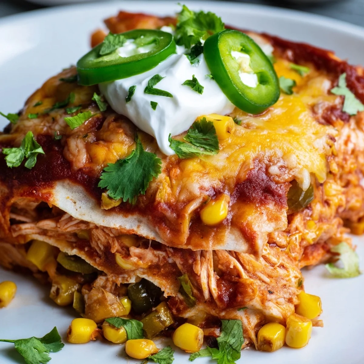 A slice of hearty Chicken Enchilada Casserole with Cheese, featuring layers of corn tortillas, shredded chicken, and bubbling red sauce.  