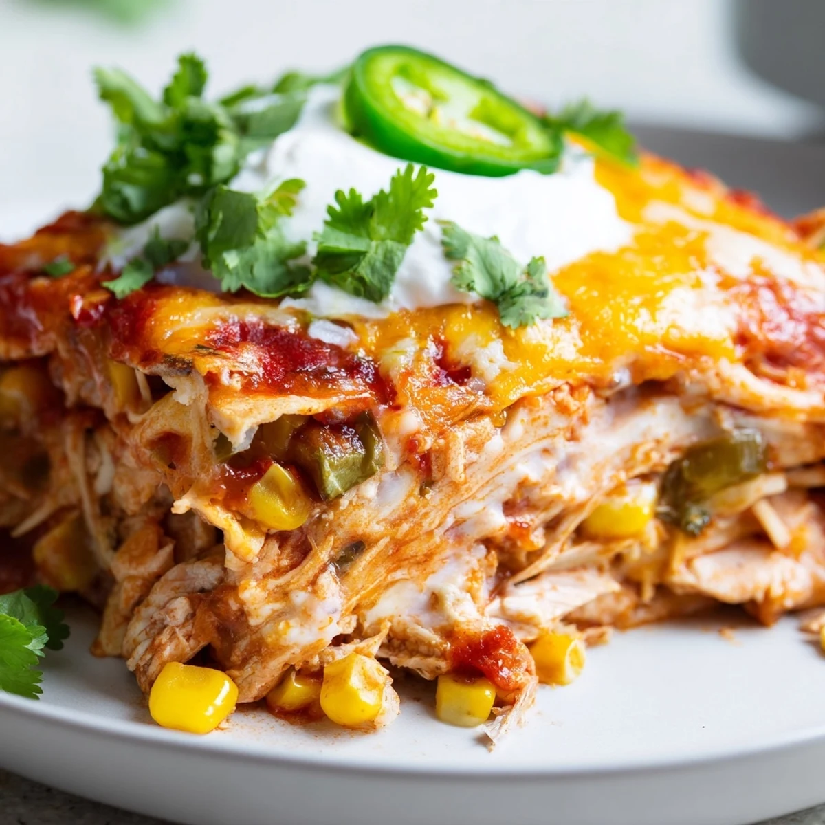 Golden, melted cheese tops this comforting Mexican-inspired Chicken Enchilada Casserole with Cheese, served hot from the oven on a rustic plate.  