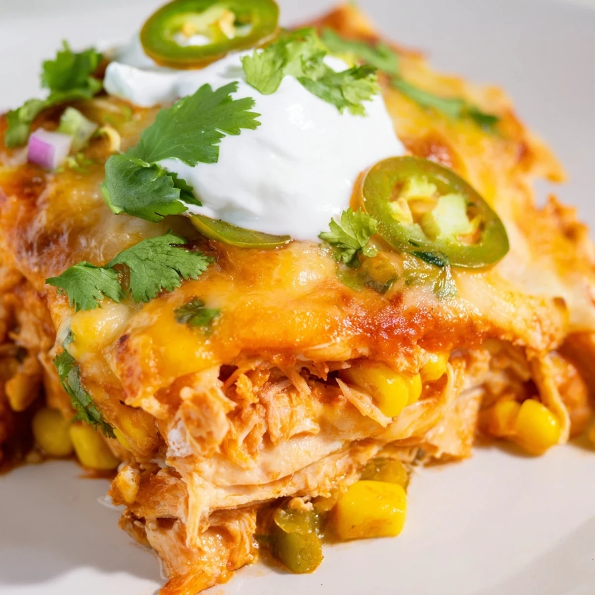 Family-style Chicken Enchilada Casserole with Cheese, garnished with fresh cilantro and jalapeños, ready for a flavorful weeknight dinner.