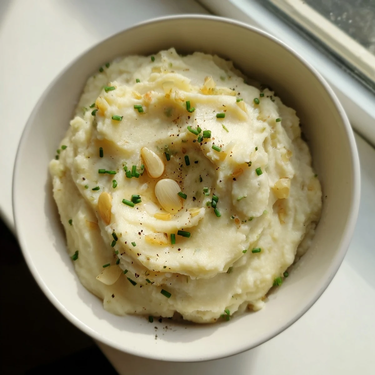 Golden roasted garlic cloves mixed into fluffy Roasted Garlic Mashed Cauliflower, highlighting a rich, savory American side dish.