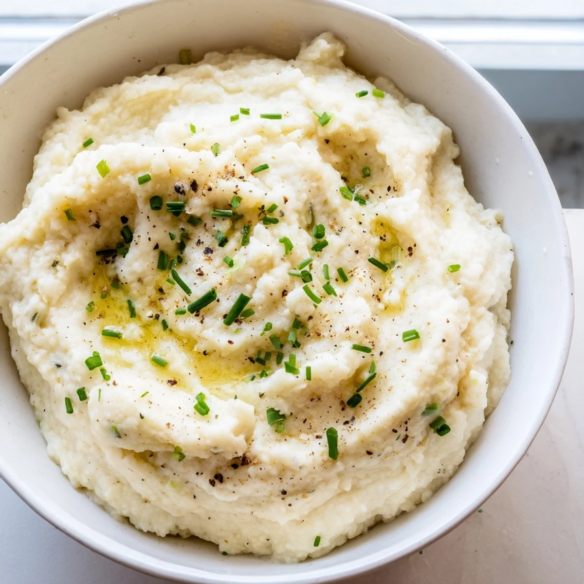 Roasted Garlic Mashed Cauliflower blending into a smooth texture, ready to be served alongside a main course.  