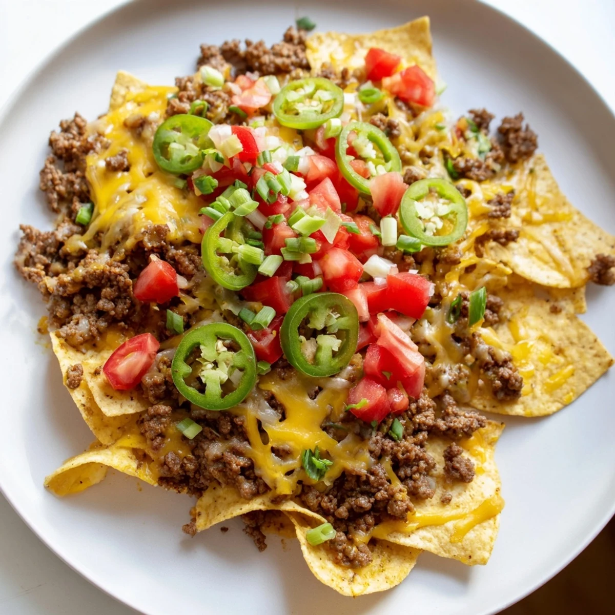 Freshly baked Beef Nachos with Jalapenos and Cheese on a baking sheet, melty cheddar and Monterey Jack bubbling over crispy tortilla chips.