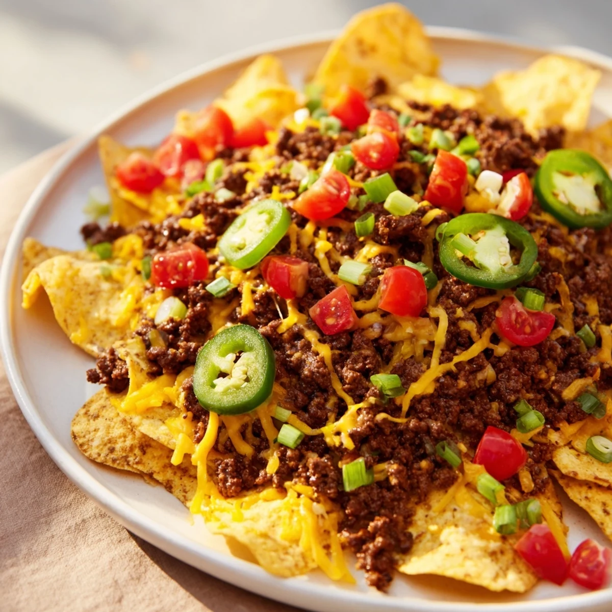 Spicy jalapeno slices and seasoned ground beef top a sizzling platter of Beef Nachos with Jalapenos and Cheese, served with sour cream.
