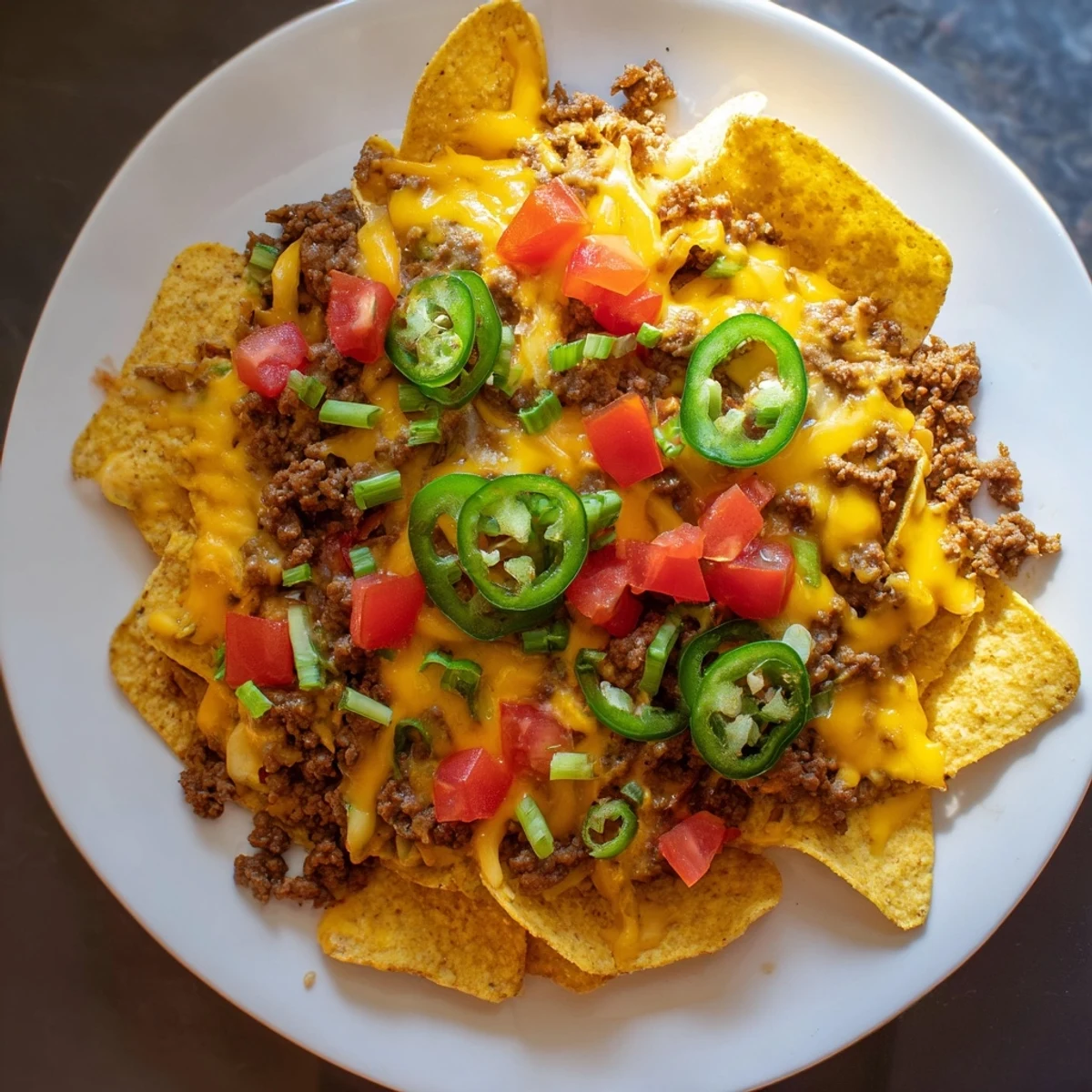 Close-up of golden, melted cheese blanketing Beef Nachos with Jalapenos and Cheese, with fresh cilantro and lime wedges on the side.