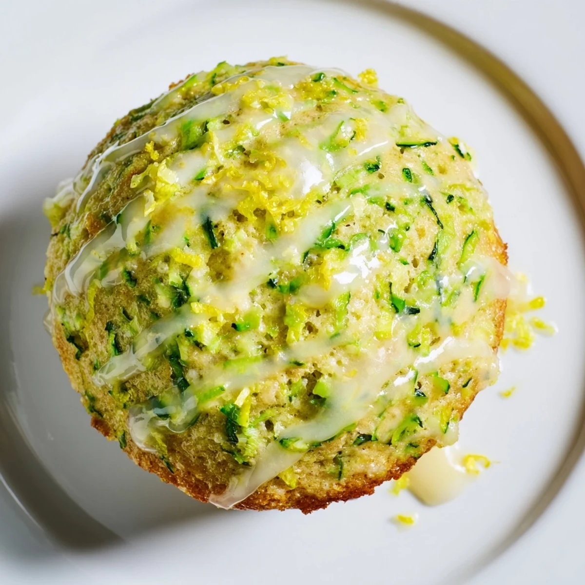 Freshly baked Green Zucchini Muffins with Lemon Glaze, drizzled and ready to serve on a plate.